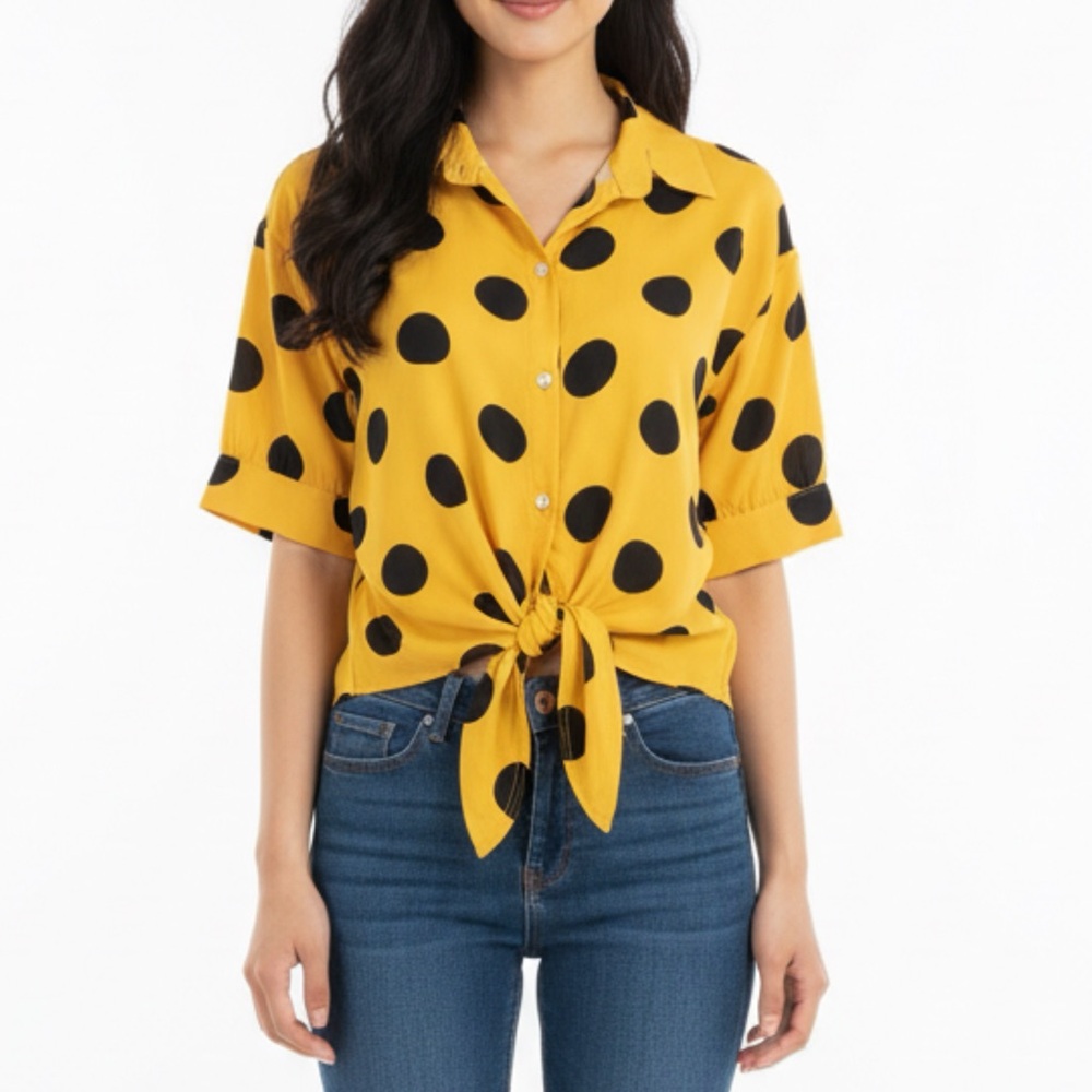 Yellow Polka Dot Button-Up Blouse